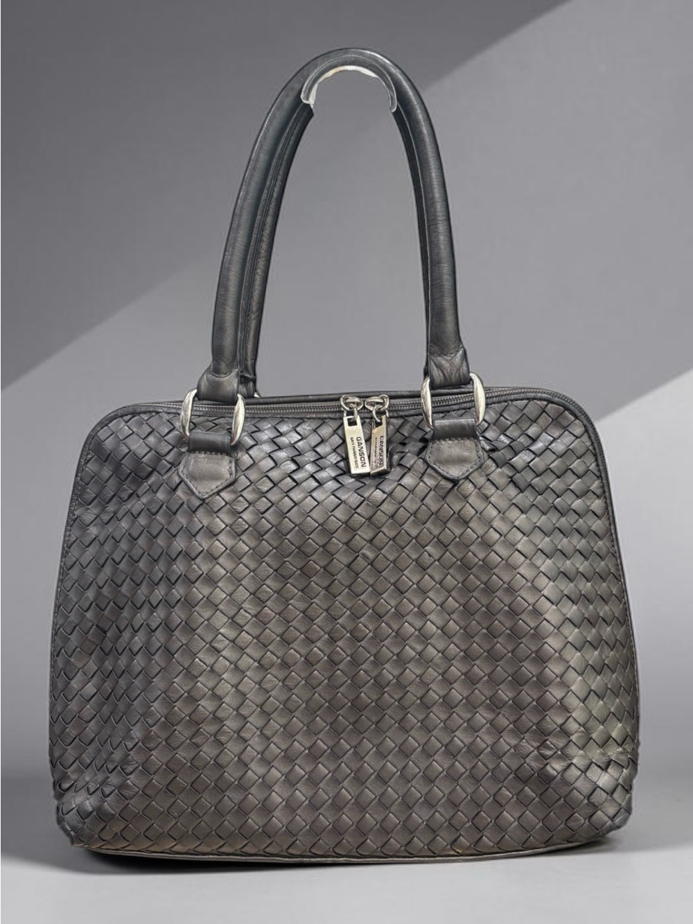 Vintage Ganson San Francisco Woven Leather Satchel Black Intrecciato Bag